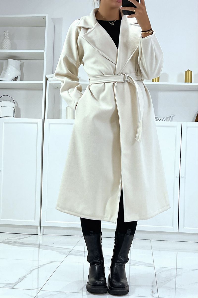 Long beige coat with belt and pockets - 1
