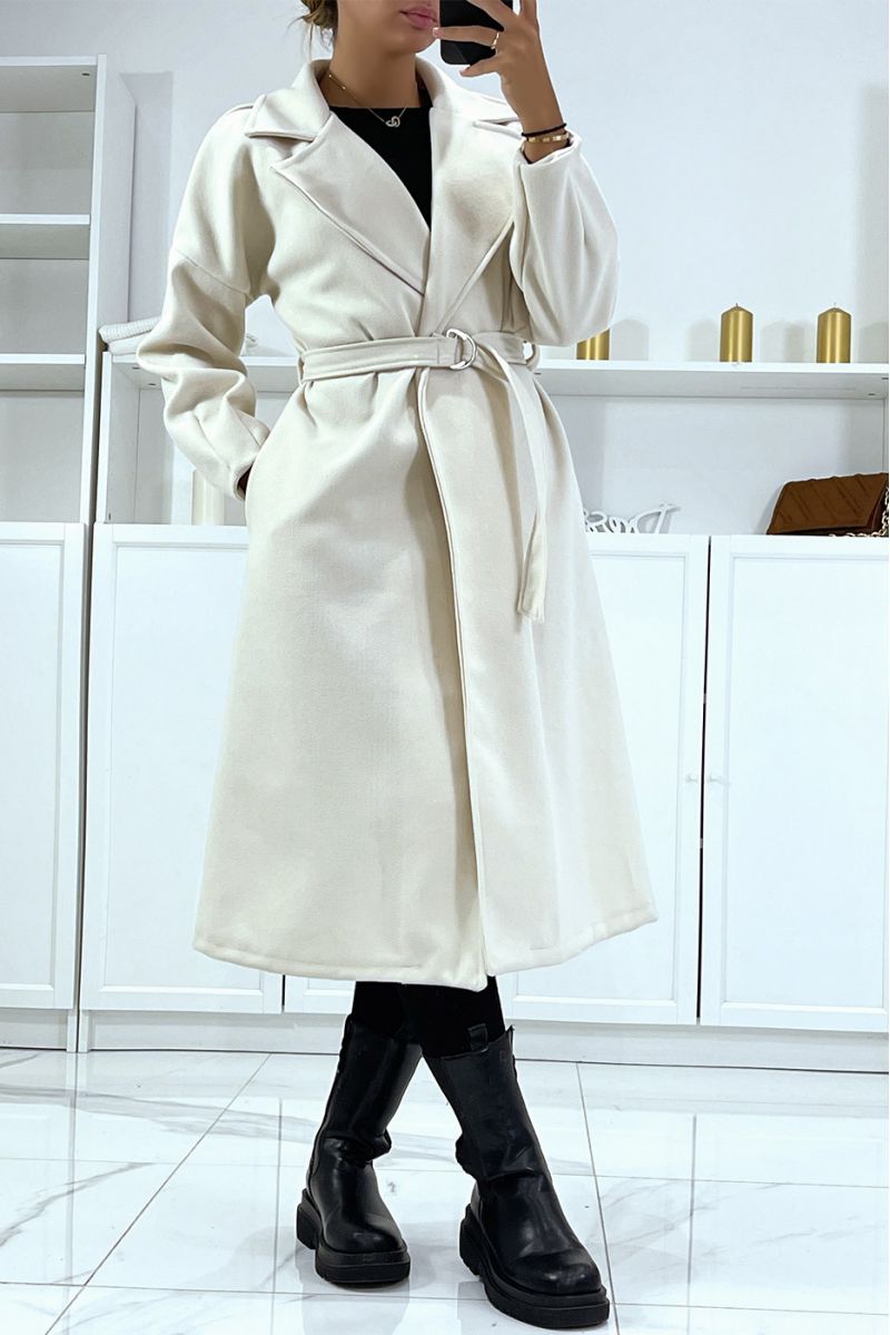 Long beige coat with belt and pockets - 2
