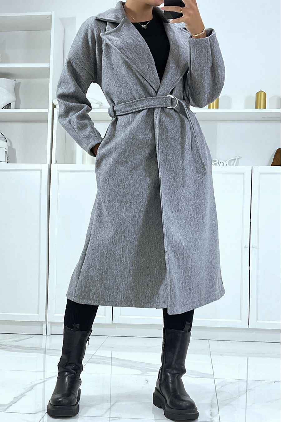 Long gray coat with belt and pockets
