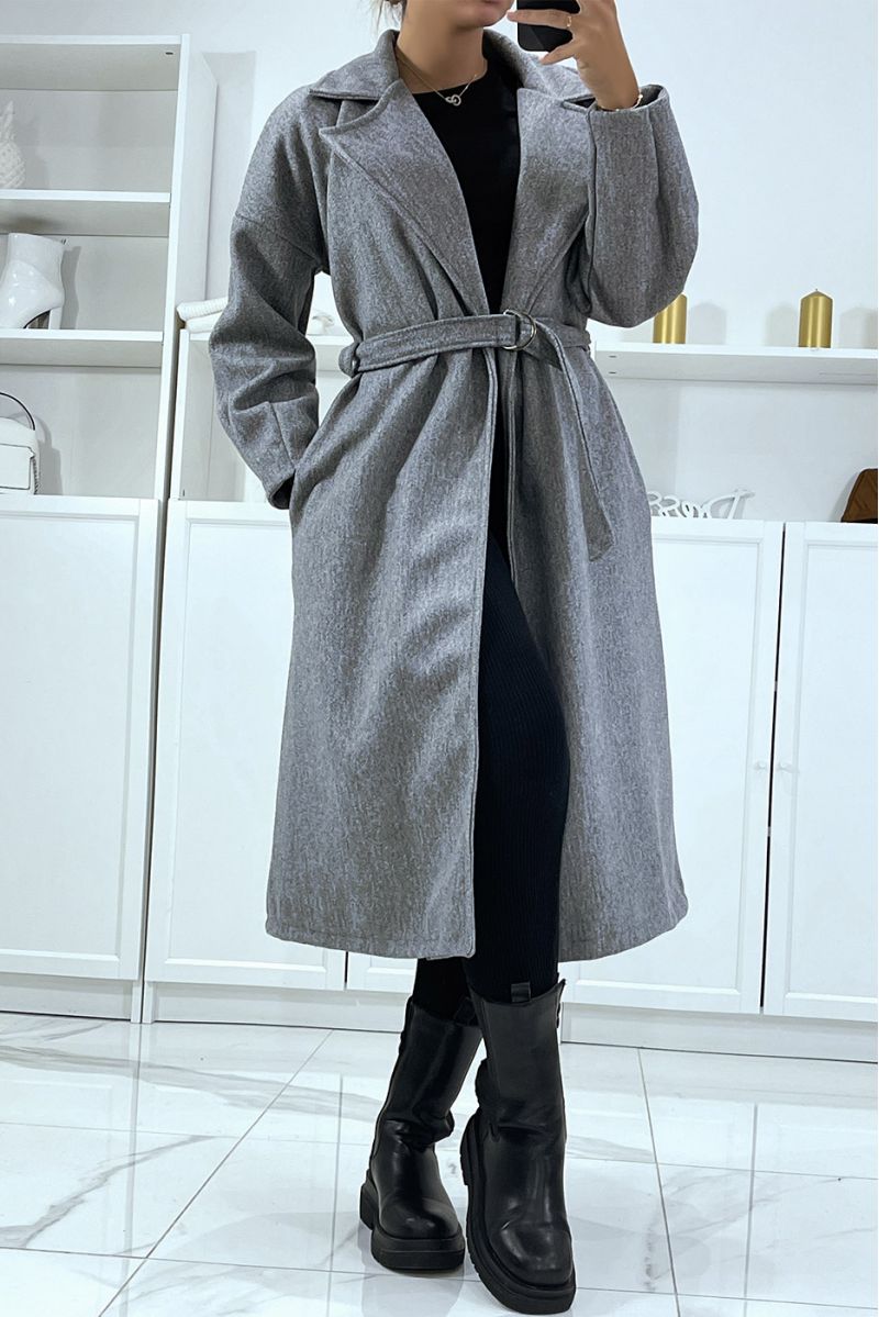 Long gray coat with belt and pockets - 2