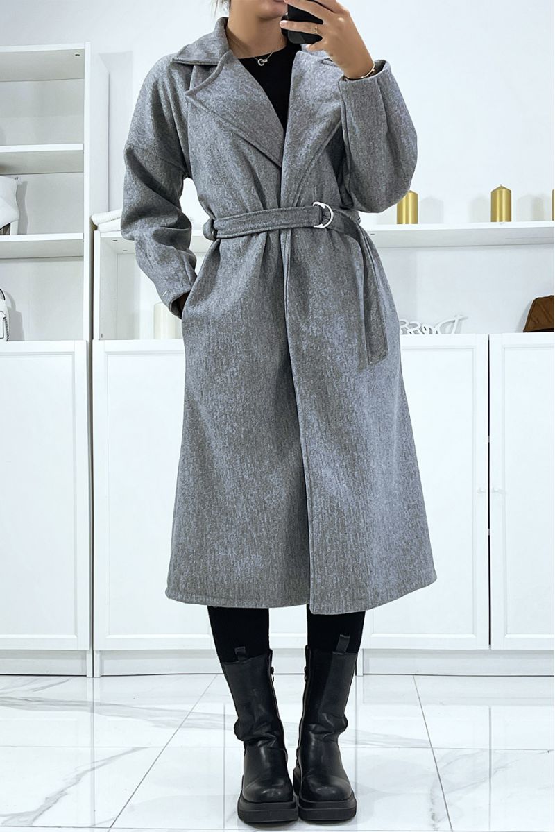 Long manteau gris avec ceinture et poches - 3