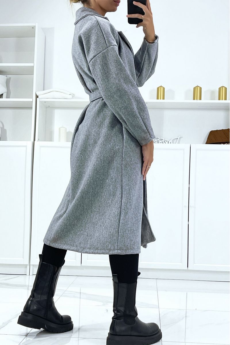 Long gray coat with belt and pockets - 4