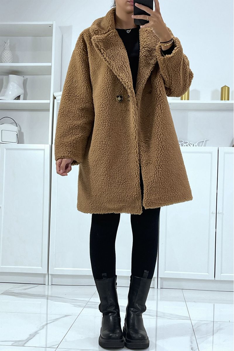 Camel fluffy coat with lining and pockets - 1