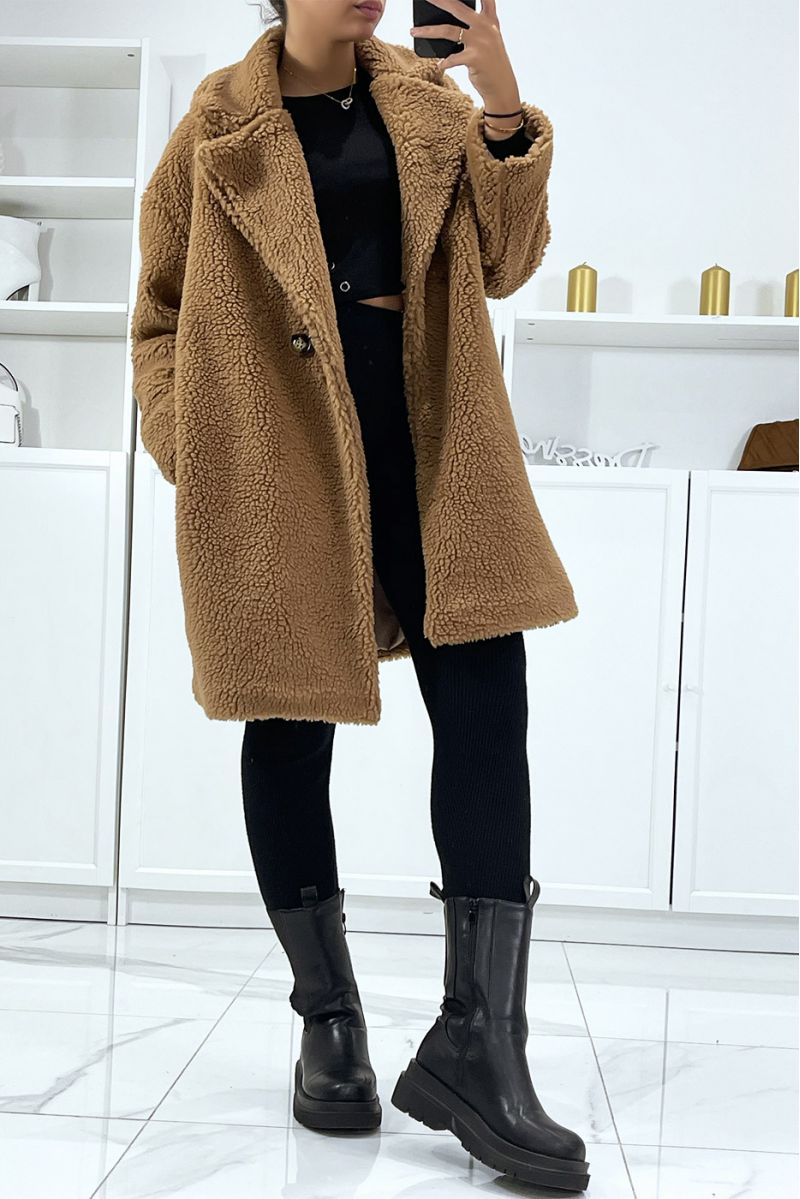 Camel fluffy coat with lining and pockets - 3