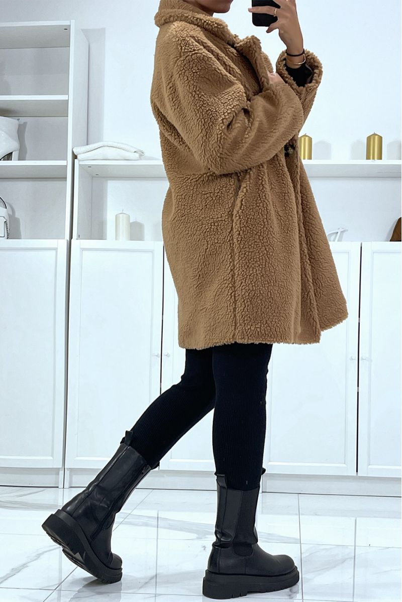 Camel fluffy coat with lining and pockets - 4