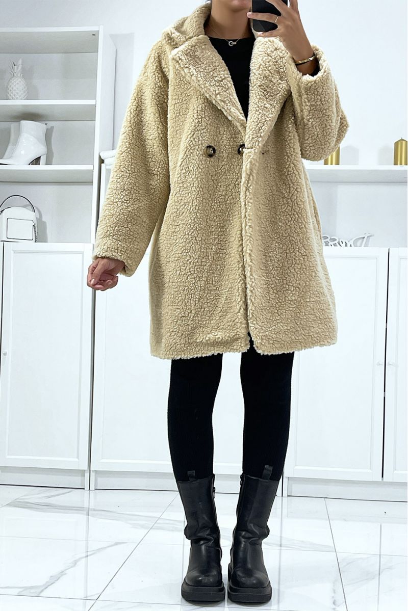 Beige wollen jas met voering en zakken - 1