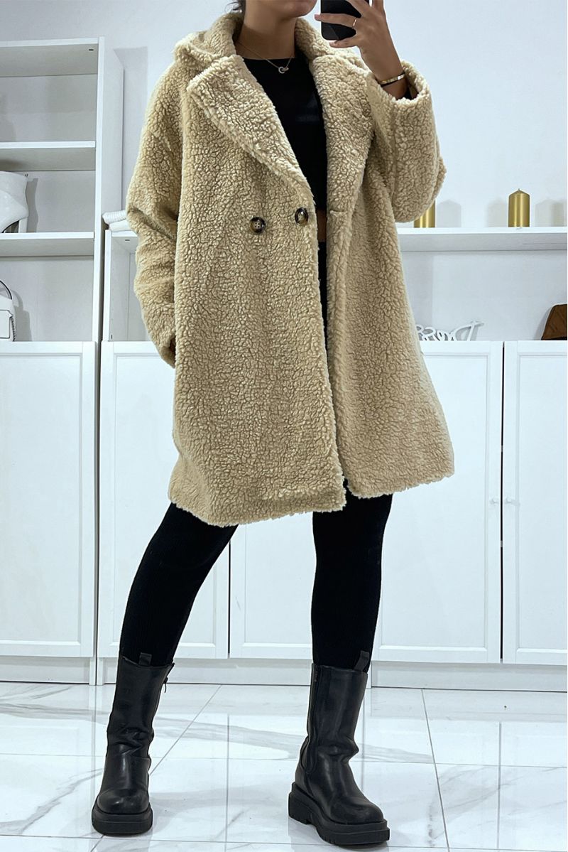 Beige wollen jas met voering en zakken - 2