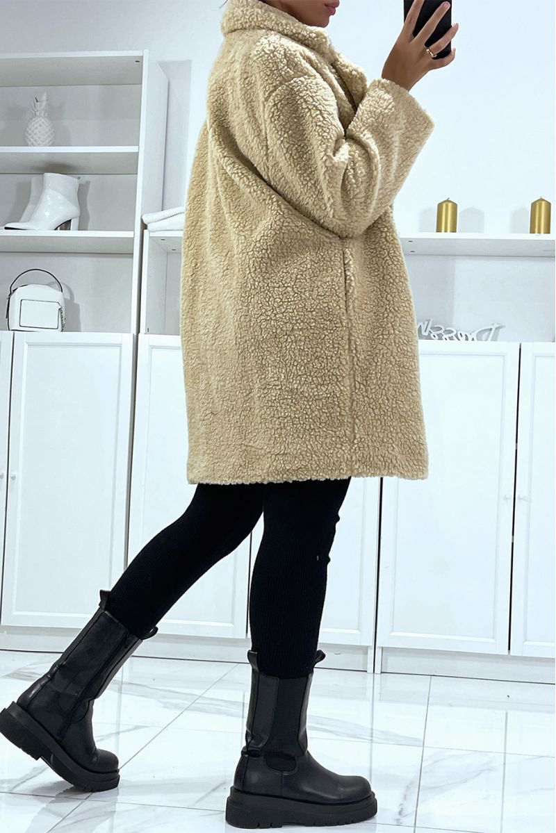 Beige wollen jas met voering en zakken - 3