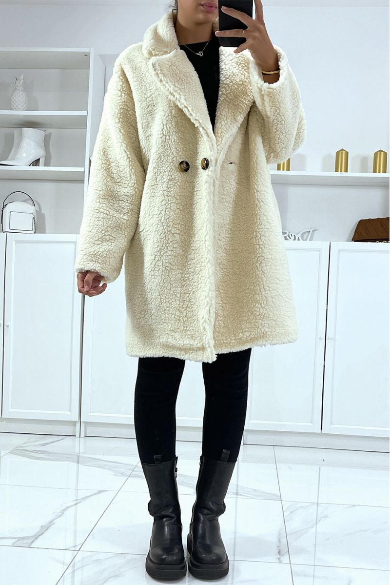 Ecru fluffy coat with lining and pockets - 1