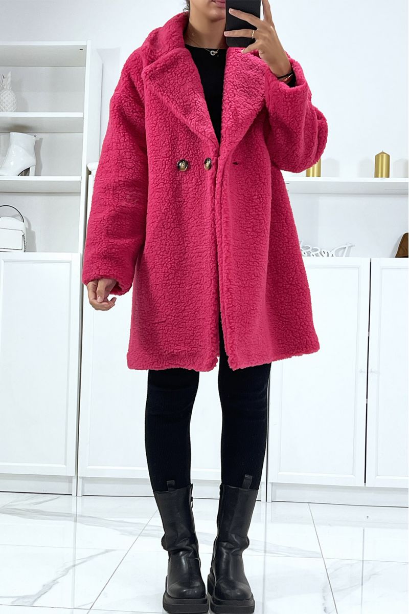 Fuchsia fluffy coat with lining and pockets - 1