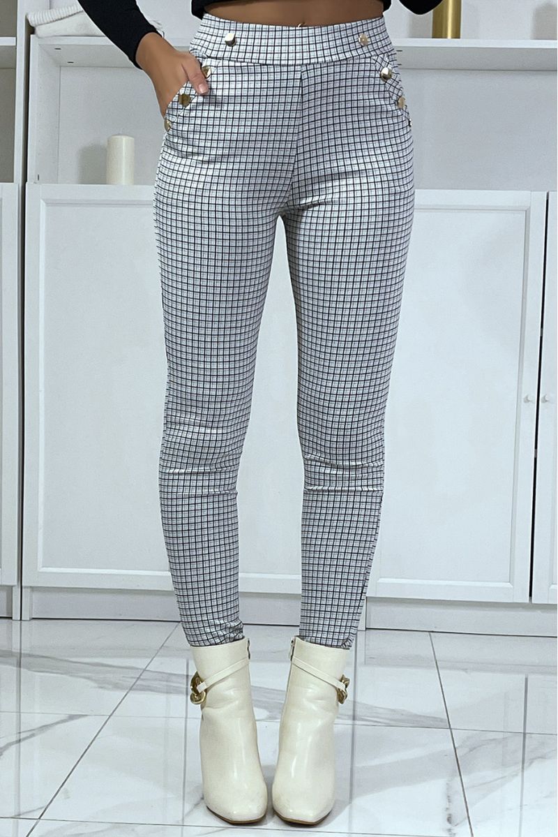 Pantalon blanc motif carreaux avec poches et boutons - 3