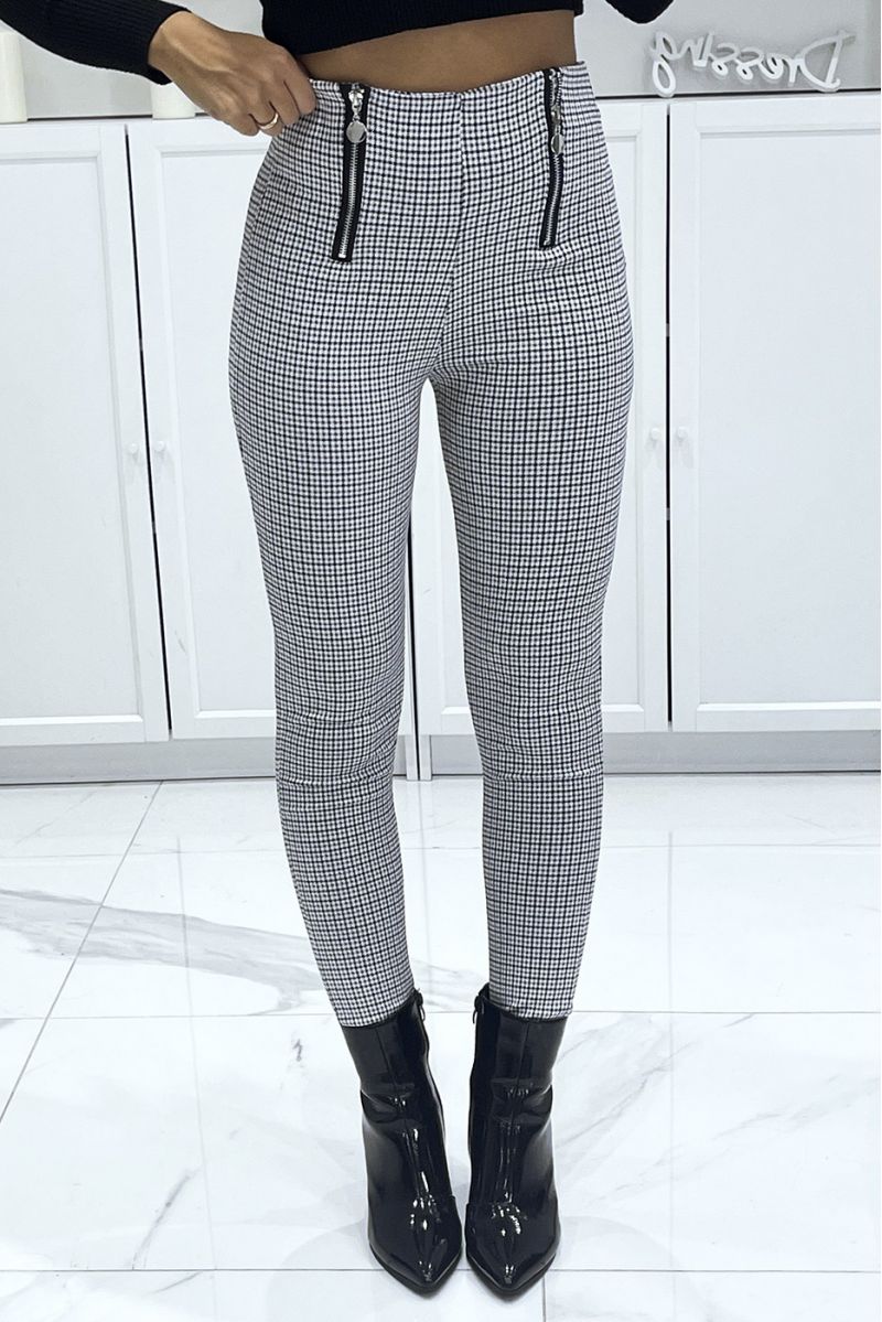Beige Checkered Double Zip Stretch Slim Trousers - 1