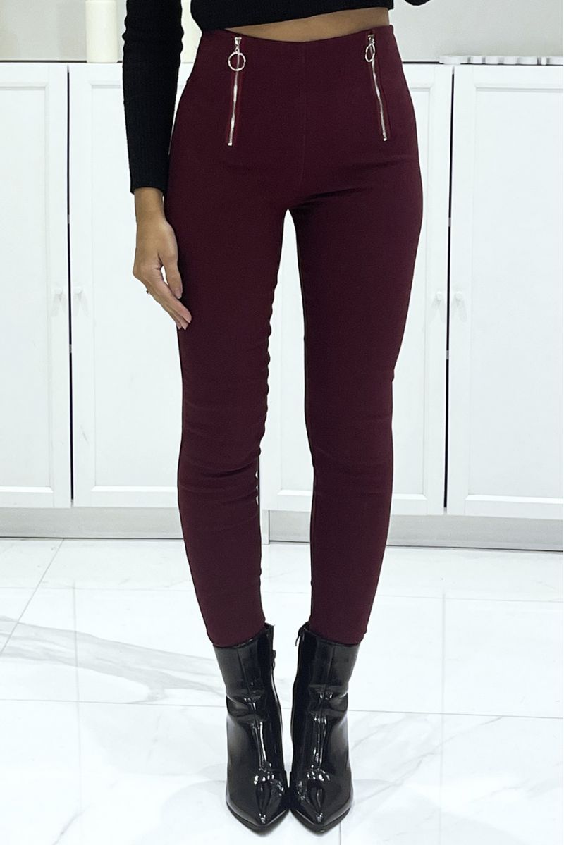 Bordeauxrode stretch skinny broek met dubbele rits en hoge taille - 1