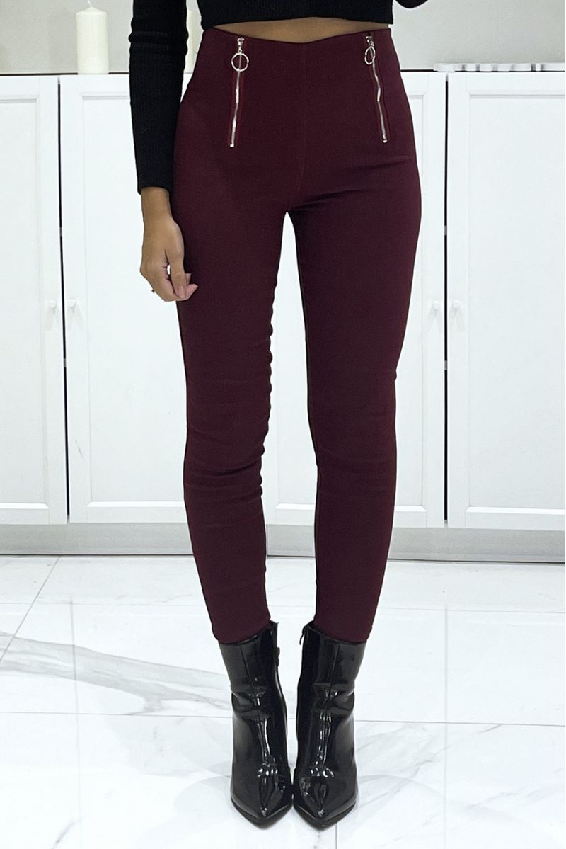 Bordeauxrode stretch skinny broek met dubbele rits en hoge taille - 2