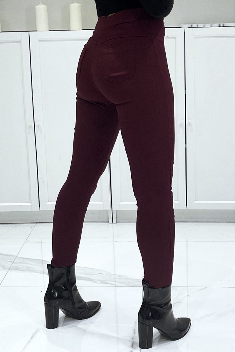 Bordeauxrode stretch skinny broek met dubbele rits en hoge taille - 3