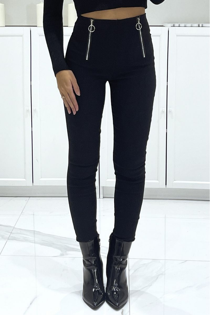 Pantalon slim noir extensible taille haute à double zip  - 1