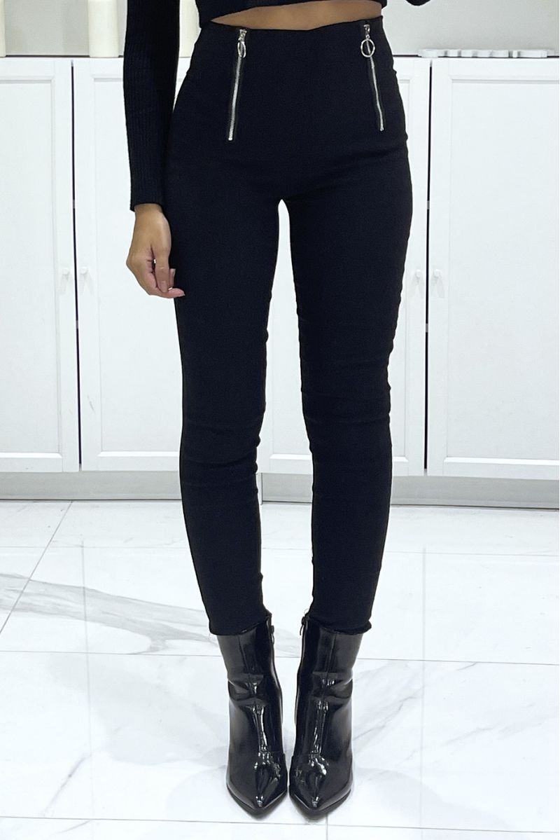 Pantalon slim noir extensible taille haute à double zip  - 2