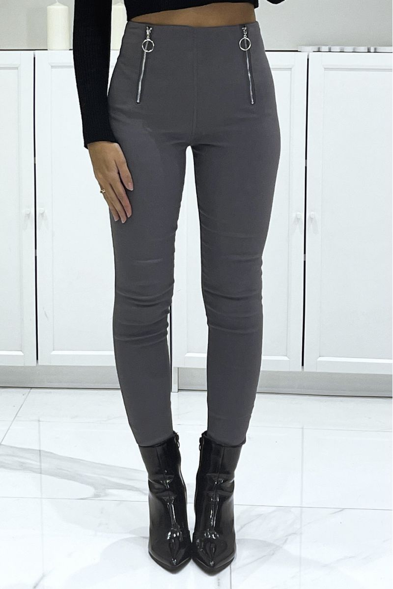 Charcoal Stretch High Waisted Double Zip Slim Trousers - 1