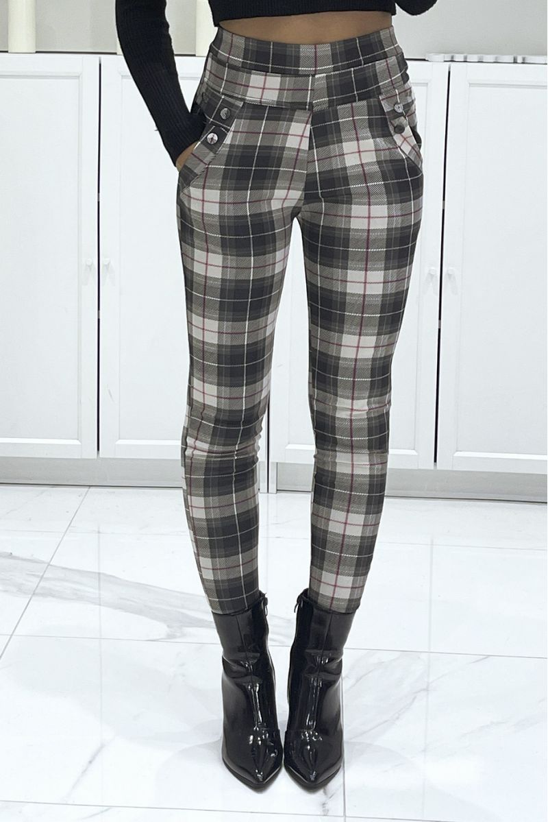 Pantalon slim extensible à motif à carreaux beige à taille haute - 1 Pantalon slim extensible à motif à carreaux beige à taille haute - 1