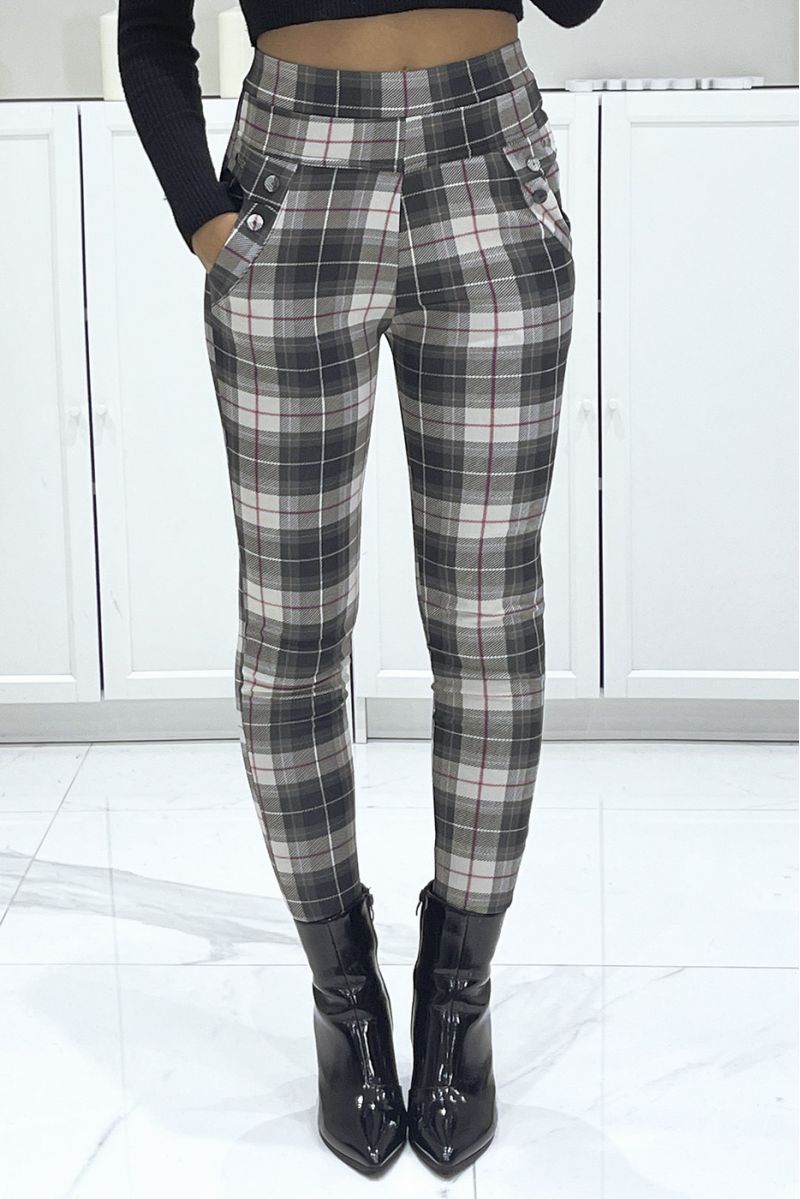 Pantalon slim extensible à motif à carreaux beige à taille haute - 2 Pantalon slim extensible à motif à carreaux beige à taille haute - 2
