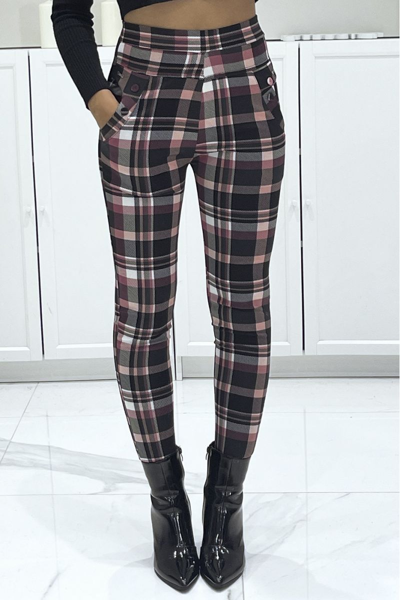 Pantalon slim extensible à motif à carreaux rose à taille haute - 2