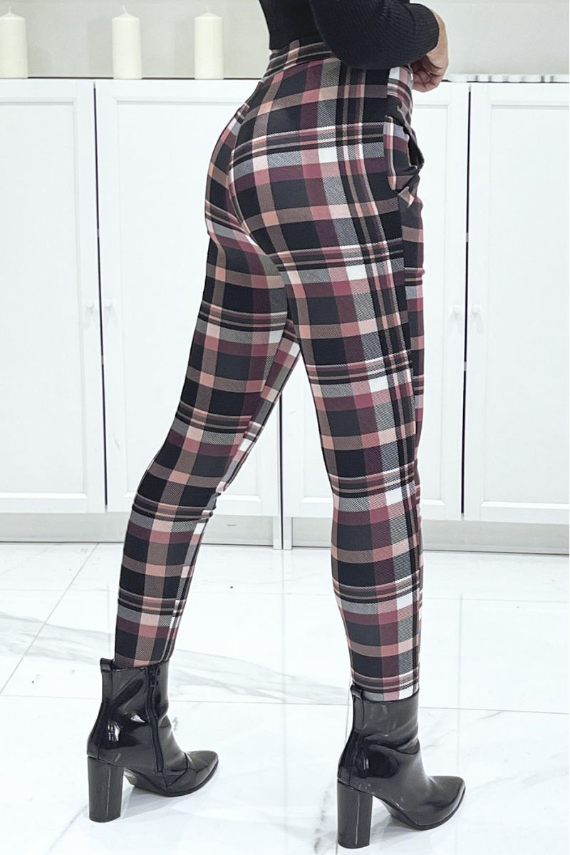 Pantalon slim extensible à motif à carreaux rose à taille haute - 3