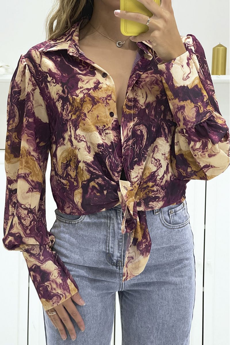 Lilac blouse in voile with abstract print with bow - 1