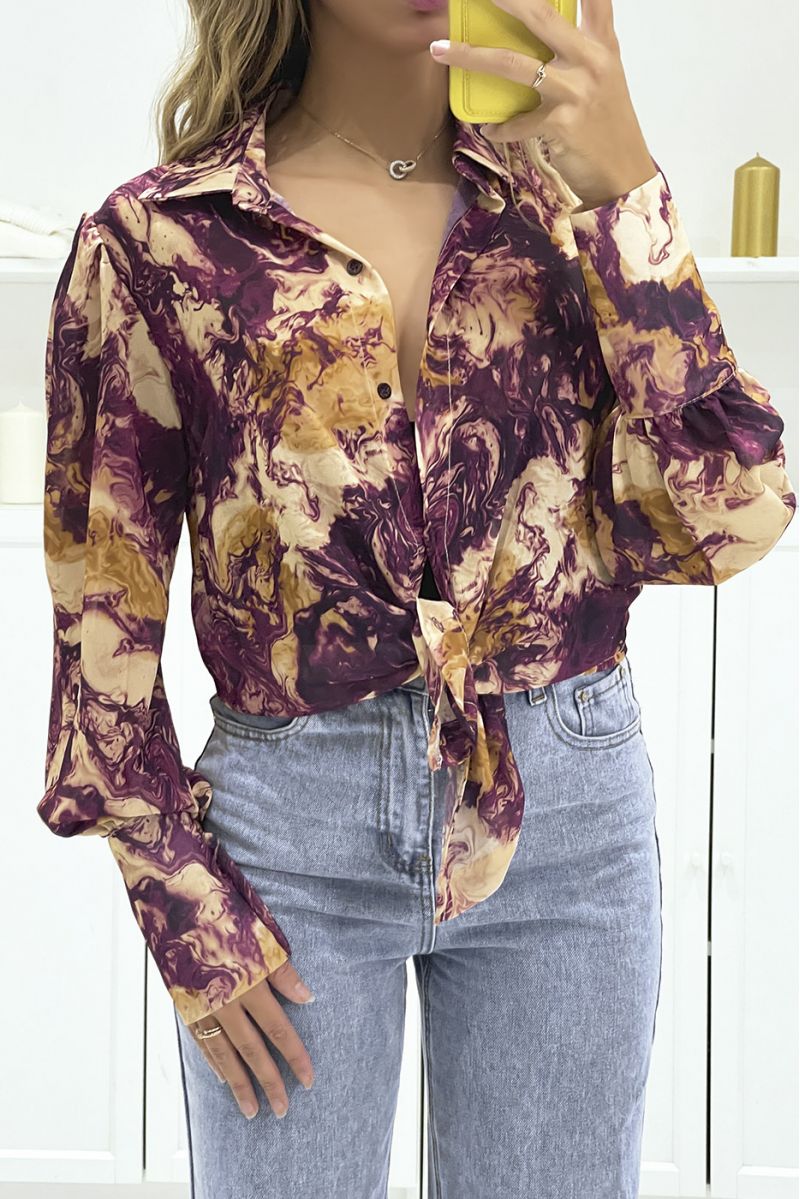 Lilac blouse in voile with abstract print with bow - 2
