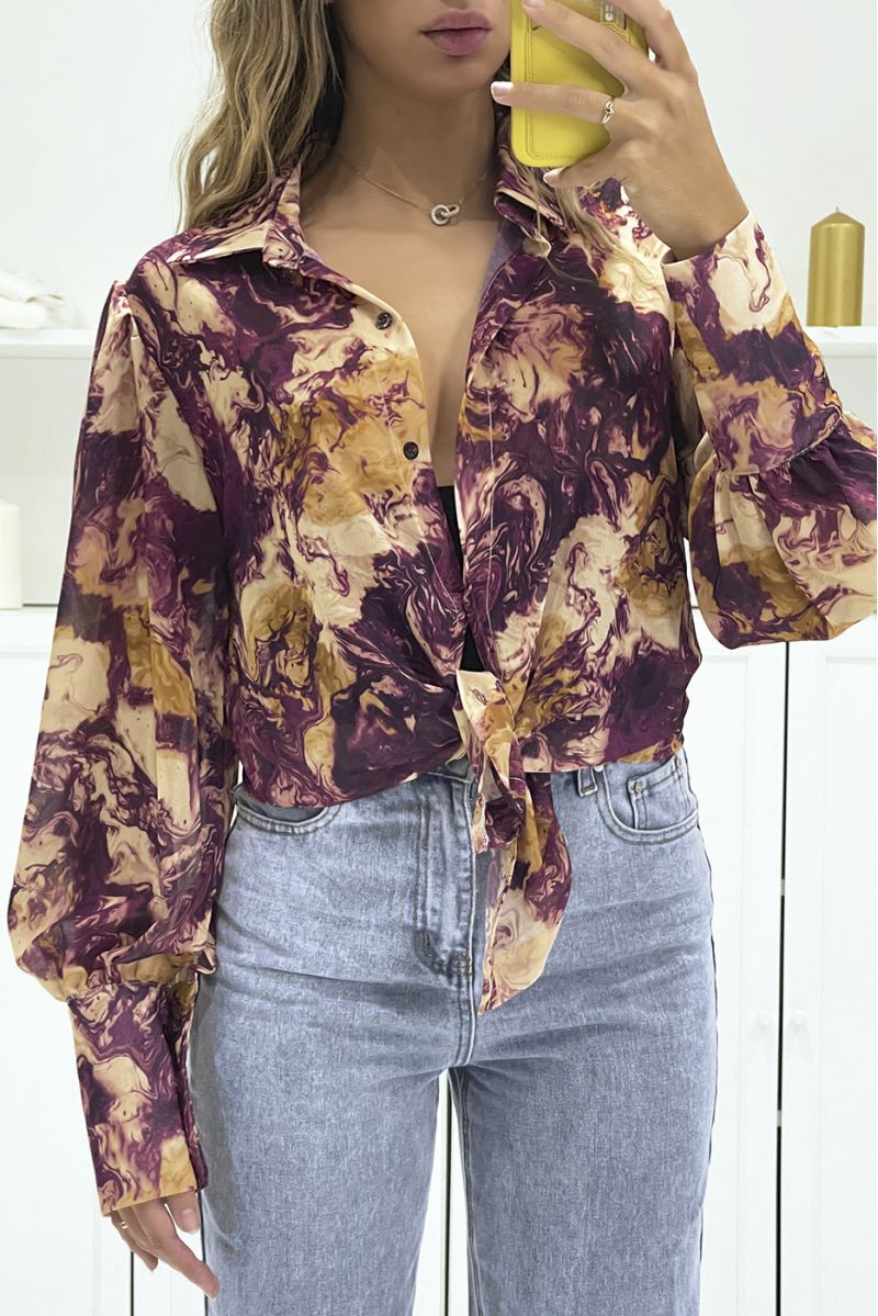Lilac blouse in voile with abstract print with bow - 3