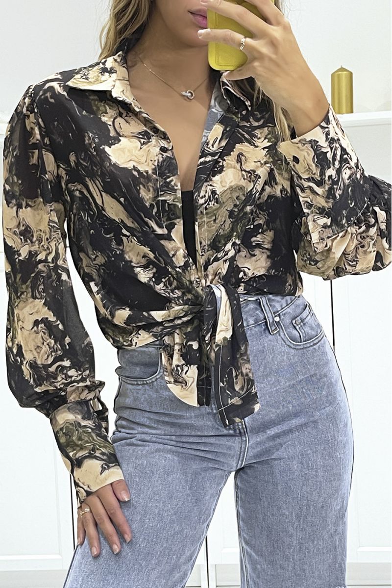 Black sheer blouse with abstract print with bow - 1