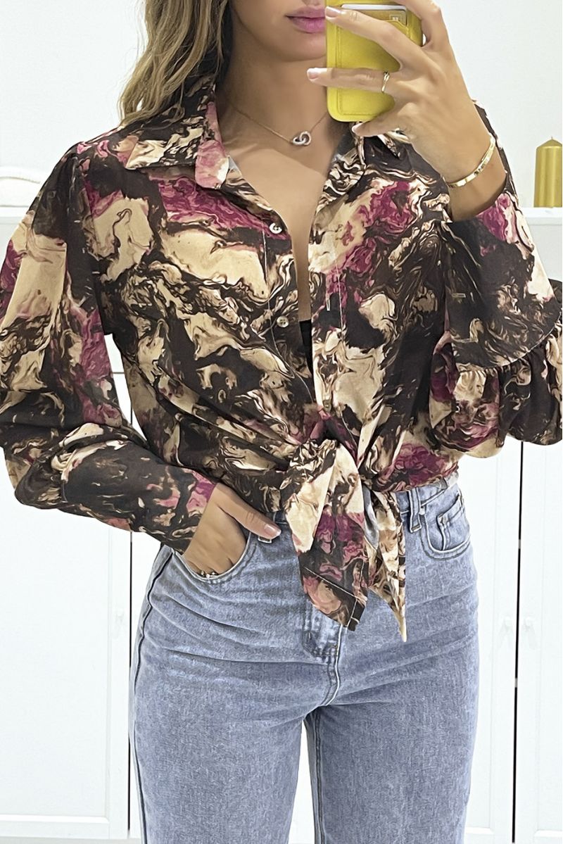 Bruine doorschijnende blouse met abstracte print met strik - 1
