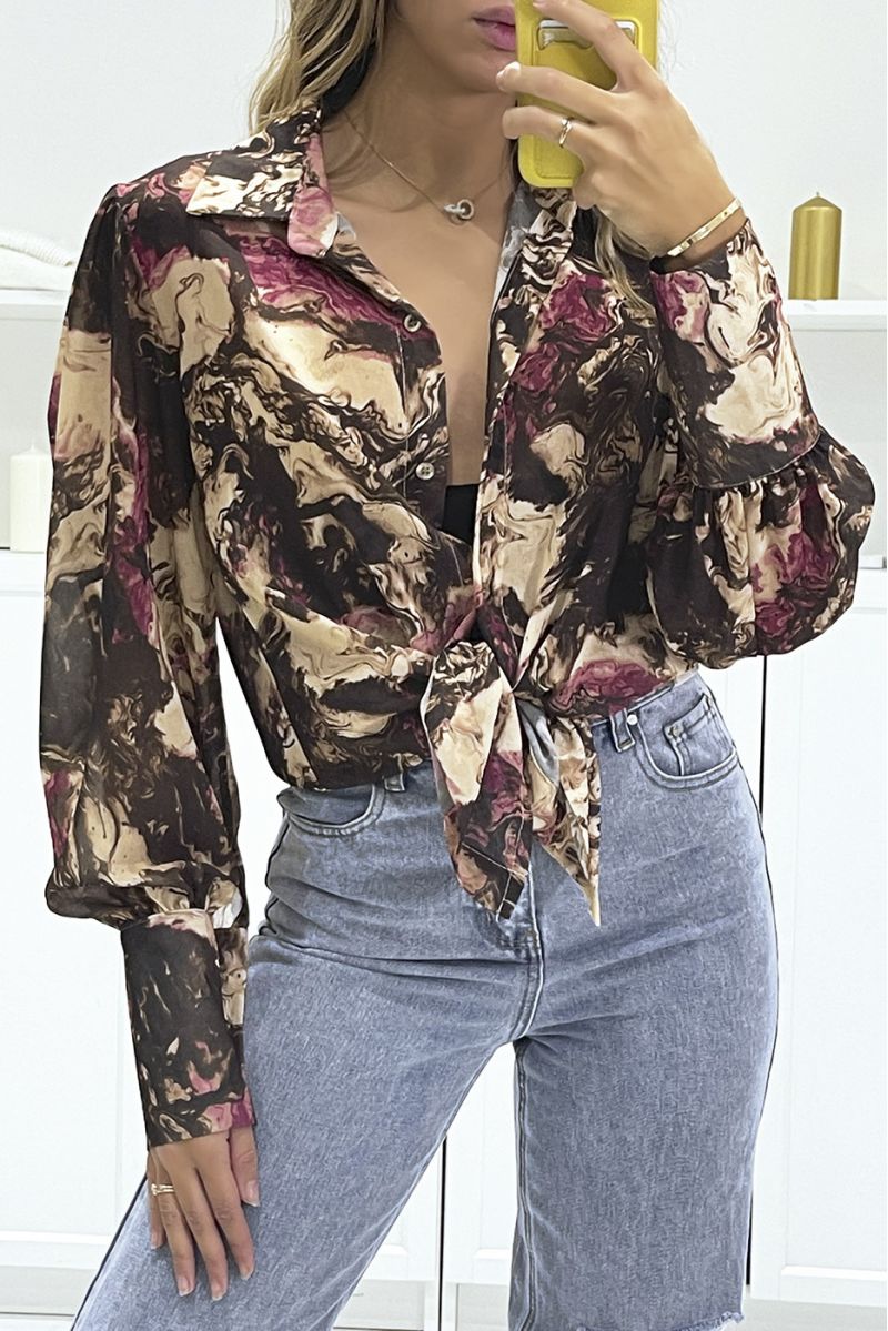 Bruine doorschijnende blouse met abstracte print met strik - 2