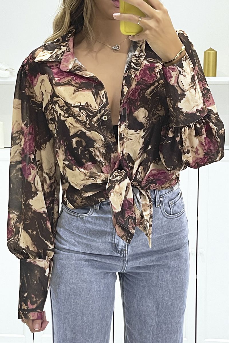 Bruine doorschijnende blouse met abstracte print met strik - 3