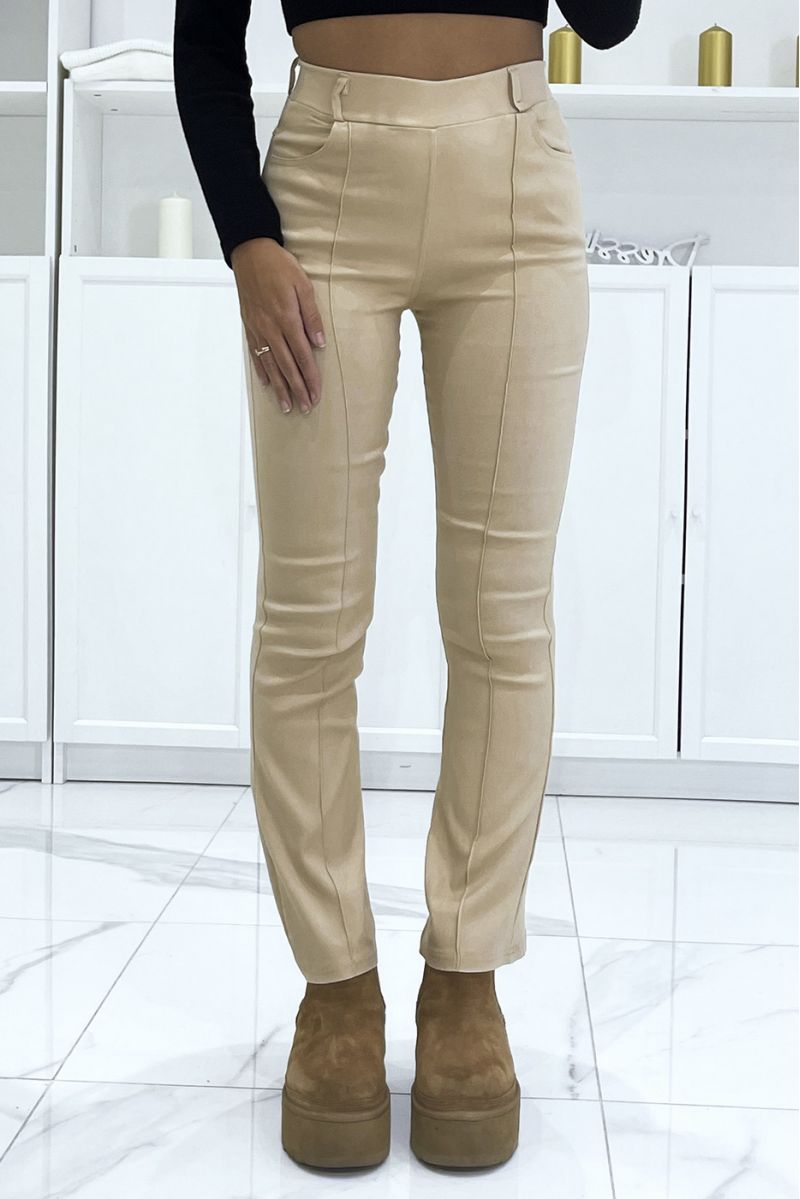 Beige slanke jeans met hoge taille en wijd uitlopende pijpen - 4