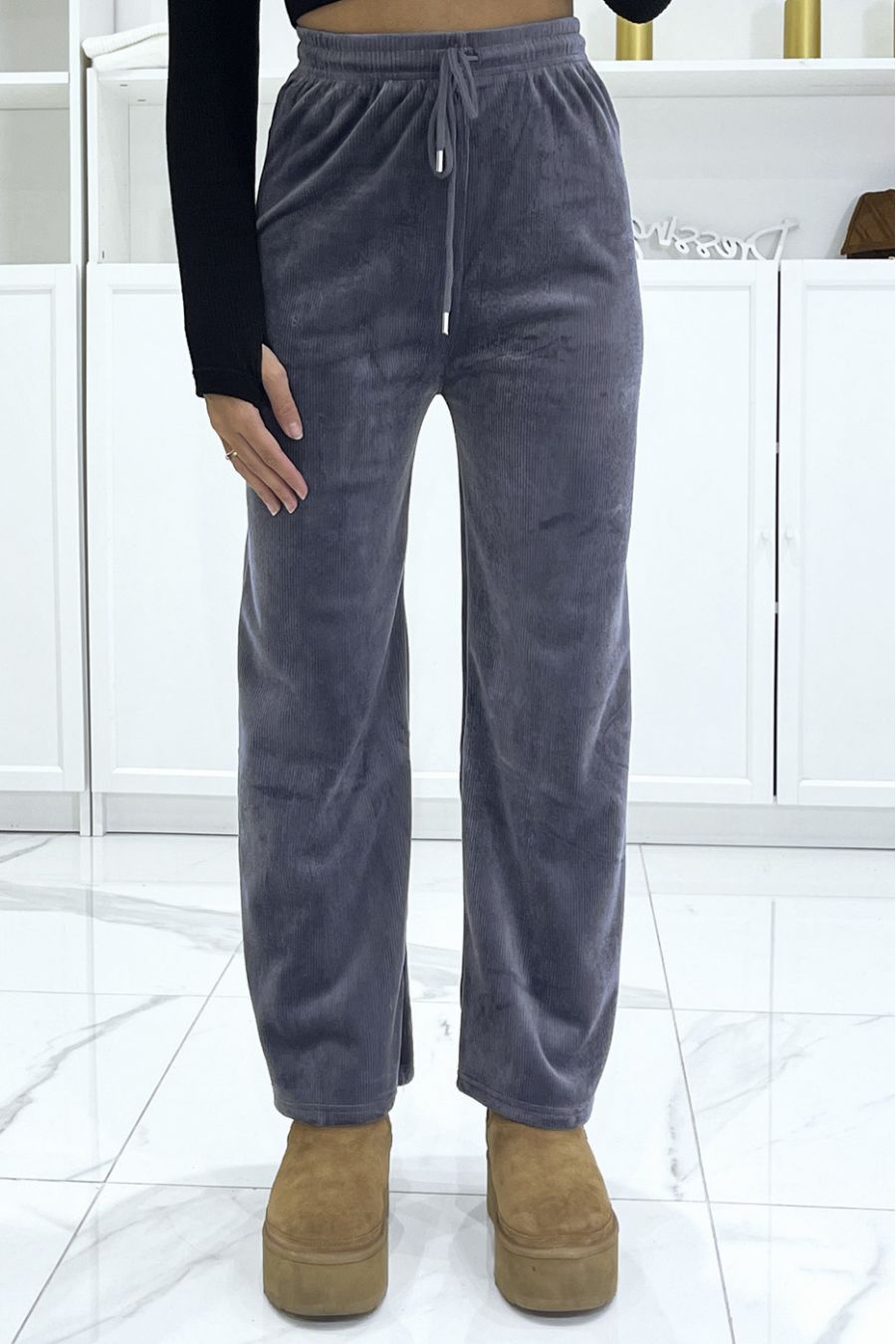 Charcoal corduroy and fleece effect jogging trousers - 1