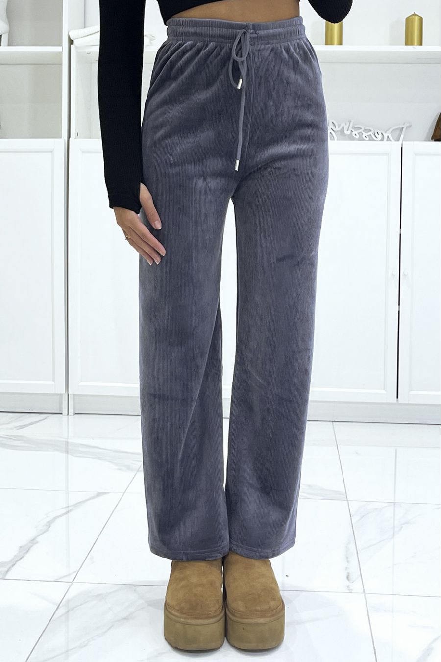 Joggingbroek van houtskool corduroy en fleece-effect - 2