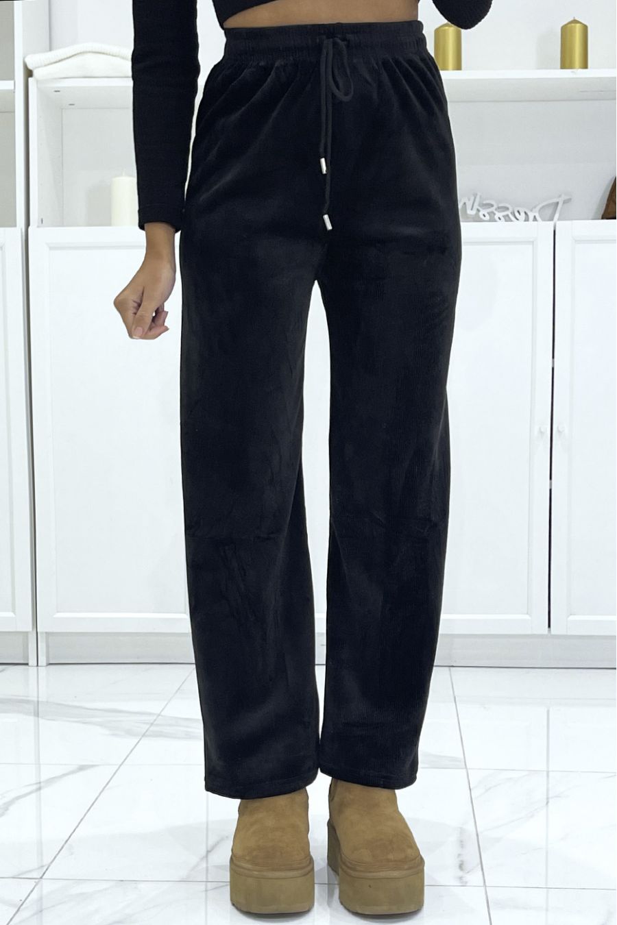 Zwarte joggingbroek van corduroy en fleece-effect - 1