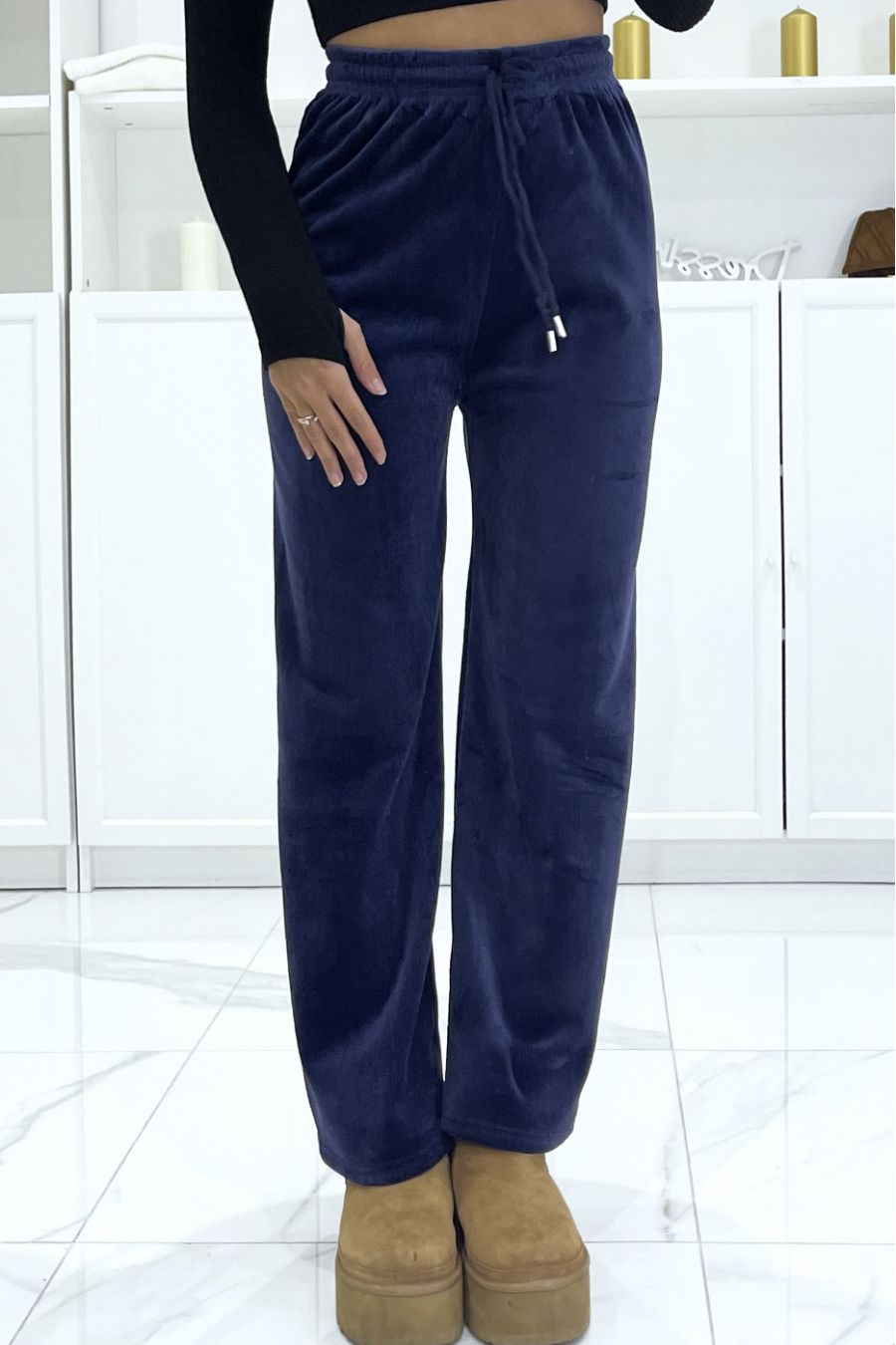 Marineblauwe joggingbroek met corduroy en fleece-effect - 1