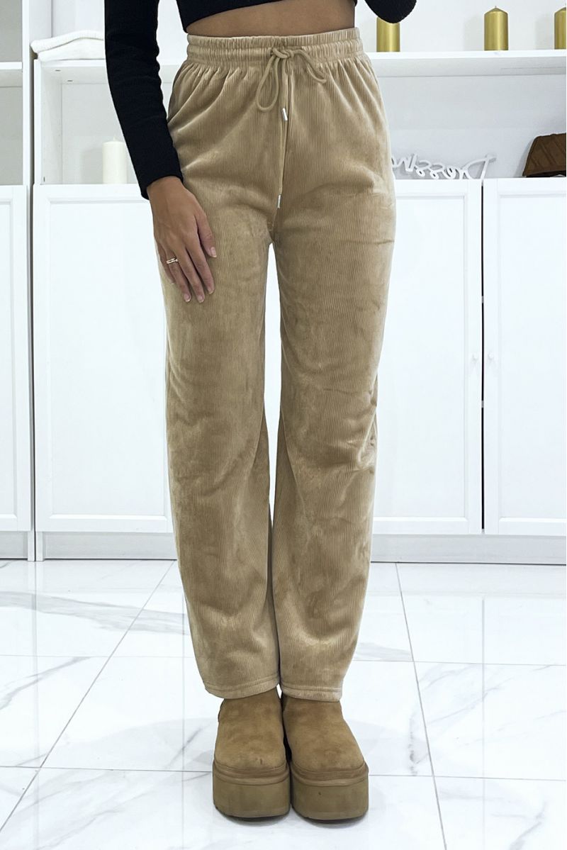 Beige corduroy and fleece effect jogging pants - 2