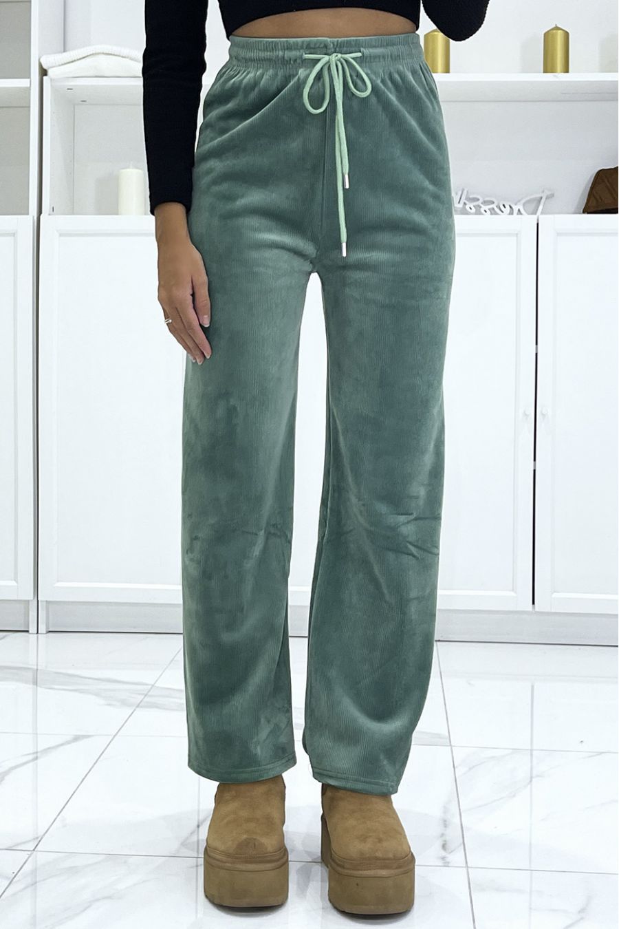 Green corduroy and fleece effect jogging pants - 2