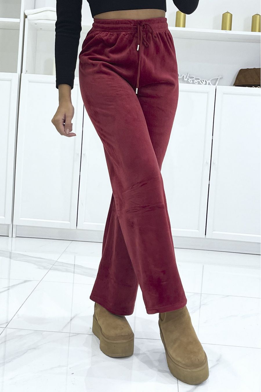 Bordeauxrode joggingbroek met corduroy en gewatteerd effect - 3