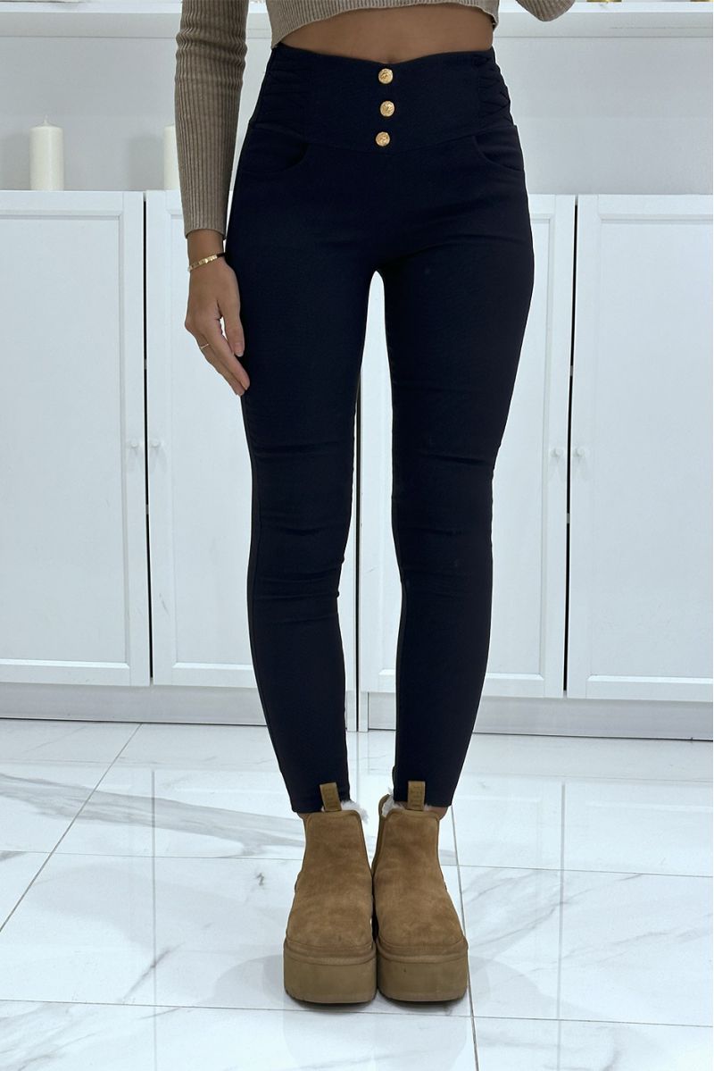 Pantalon slim marine taille haute à boutons dorés et détails sur les côtés - 2