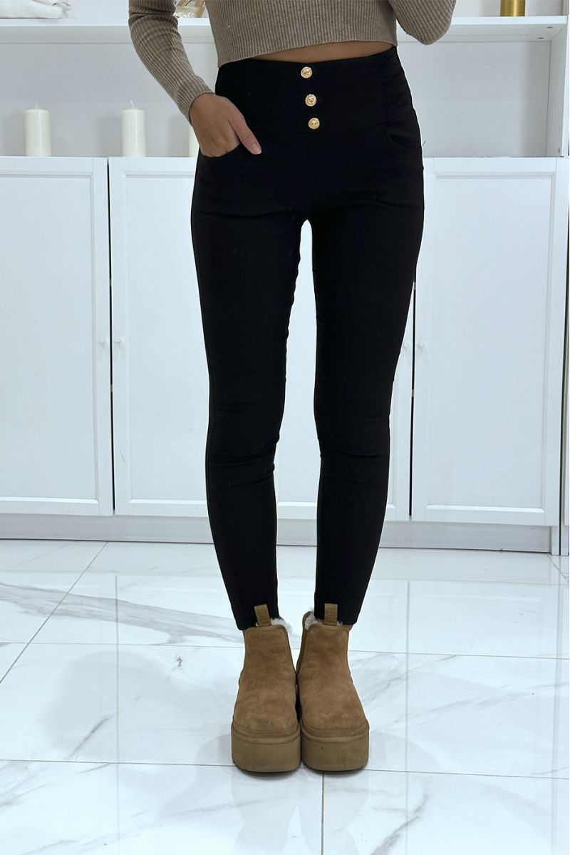 Black high waist slim pants with gold buttons and details on the sides - 2