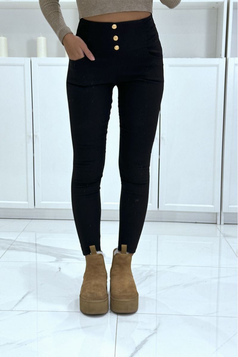 Black high waist slim pants with gold buttons and details on the sides - 3