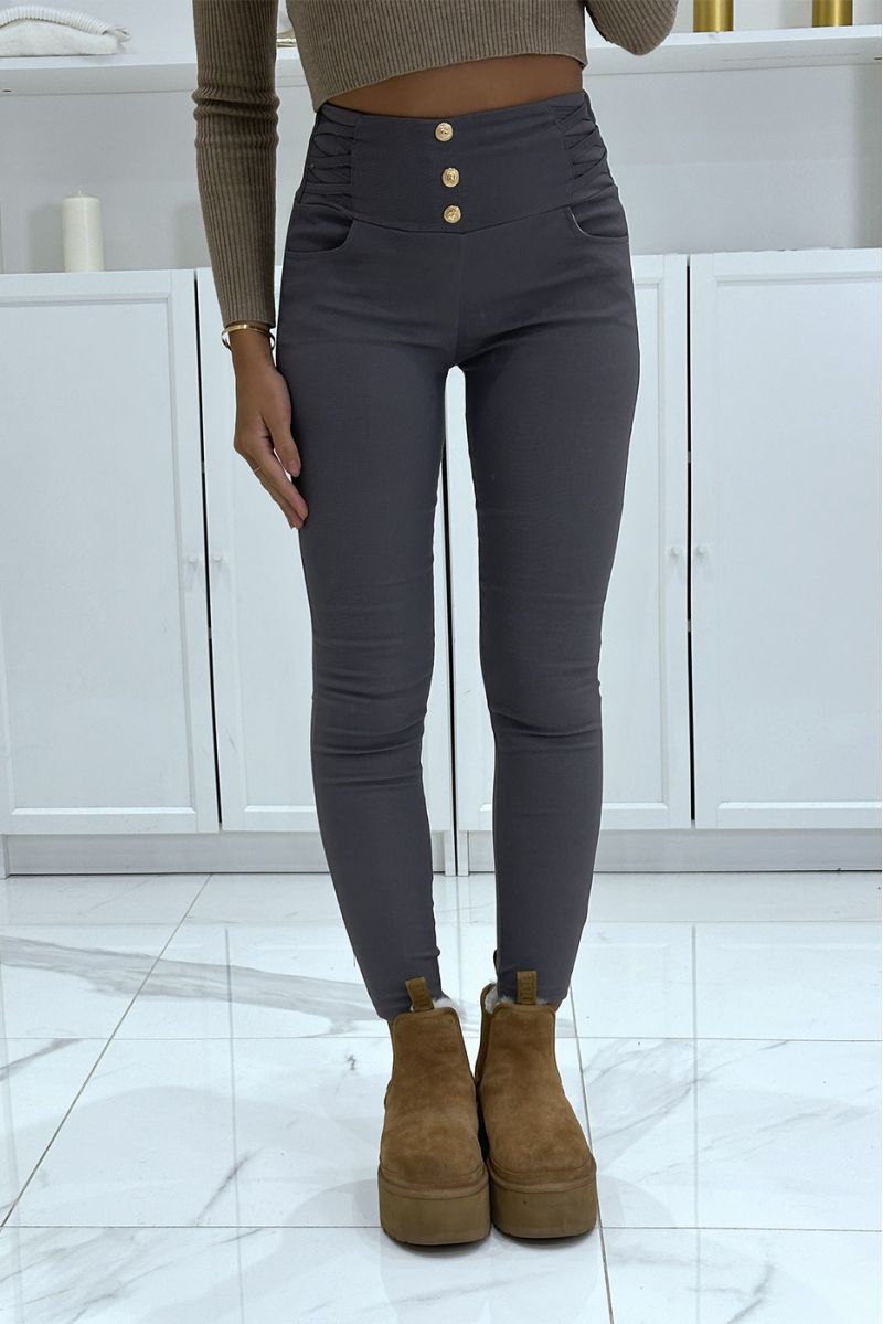Gray high waist slim pants with gold buttons and details on the sides - 2