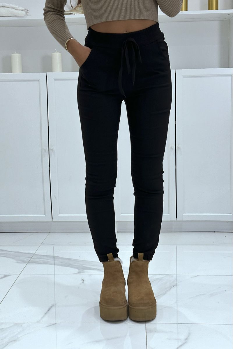 Zwarte stretchy slanke broek met hoge taille, trekkoord en zakken - 2