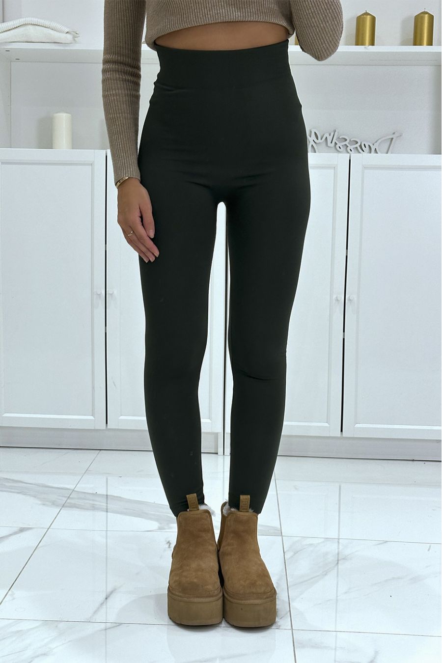Kaki legging met hoge taille en fleece aan de binnenkant - 1