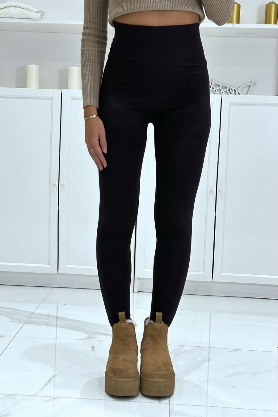Brown fleece inside high waisted leggings - 1