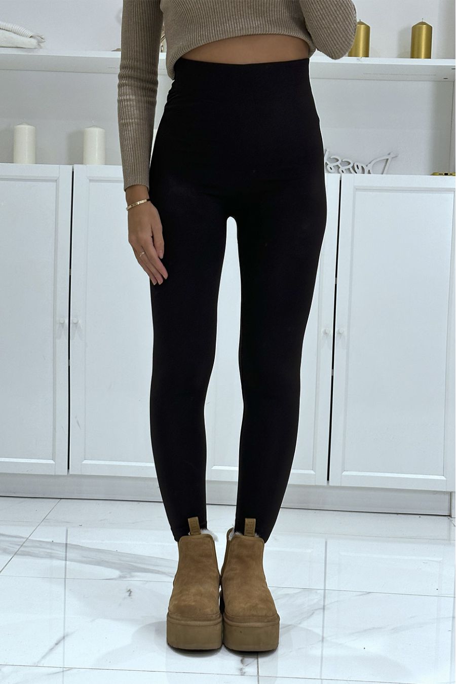 Bruine fleece aan de binnenkant van een legging met hoge taille - 4