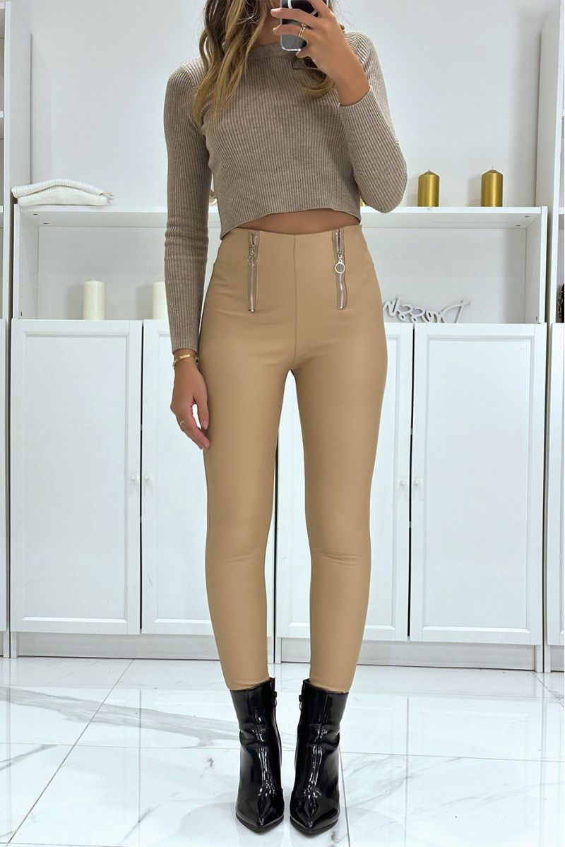 Pantalon slim beige en simili taille haute avec double fermeture zip - 1